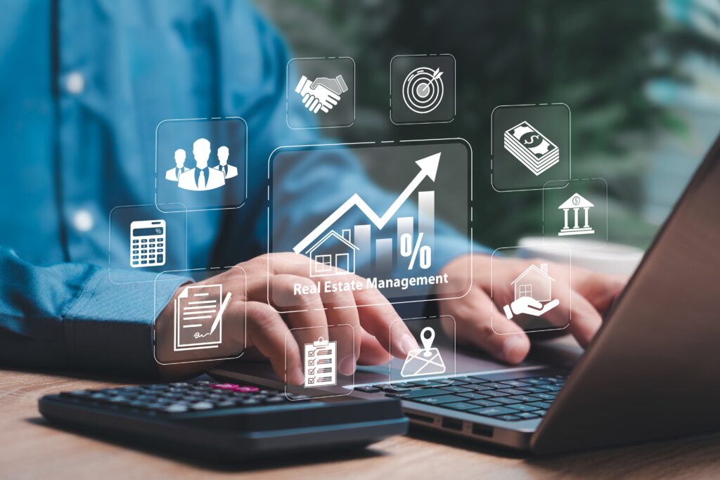 Real estate management dashboard with financial growth chart, investment icons, and business professional using laptop and calculator