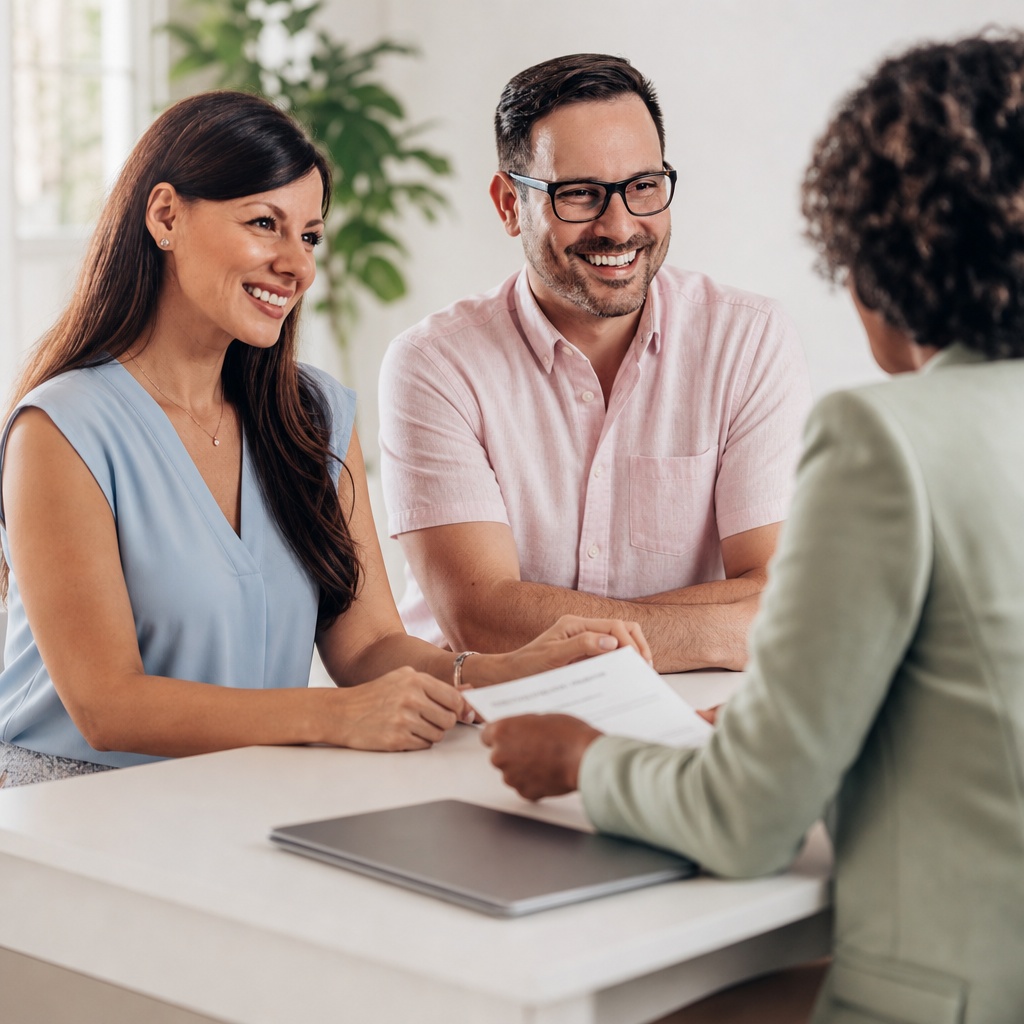 Couple meeting with a financial advisor to review estate planning and travel preparation documents before an international trip.