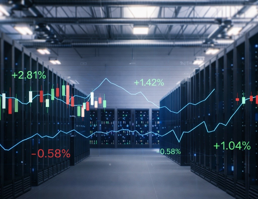 A modern data center filled with rows of server racks is overlaid with financial market graphics, including candlestick charts, trend lines, and percentage gains and losses. The image symbolizes the relationship between AI infrastructure, hyperscale cloud providers, and market performance.