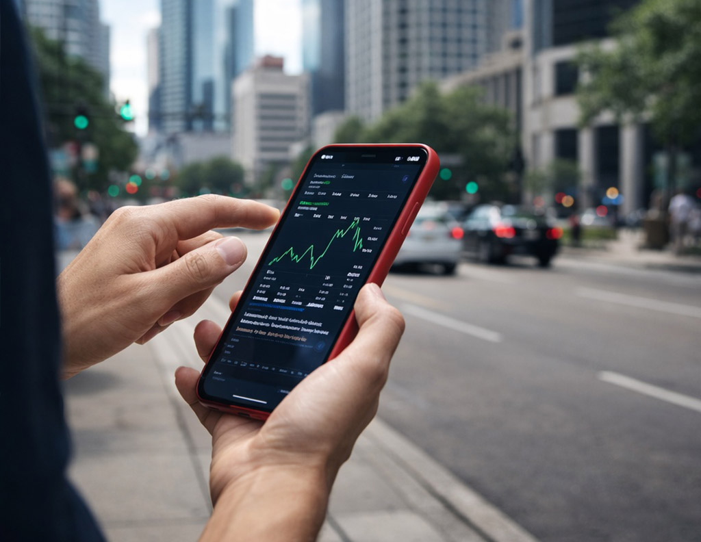 holding mobile phone with stats on screen
