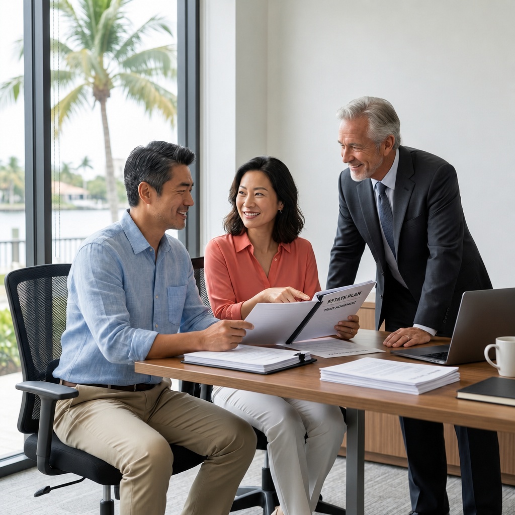 A wealth advisor meets with a couple to review their estate plan and discuss trustee responsibilities during a trust planning meeting.